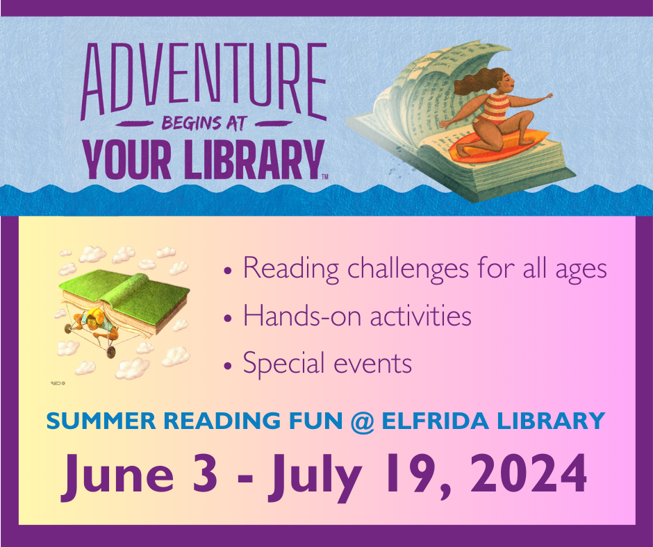 Colorful graphic promoting 2024 Adventure Begins at Your Library summer program